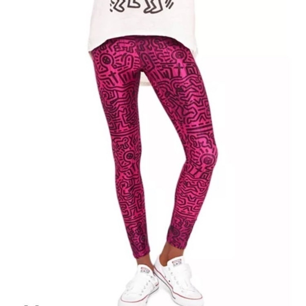 Terez X Keith Haring Printed Tall Band Legging Hanging Hearts in Harmony Pink xs - Picture 2 of 12